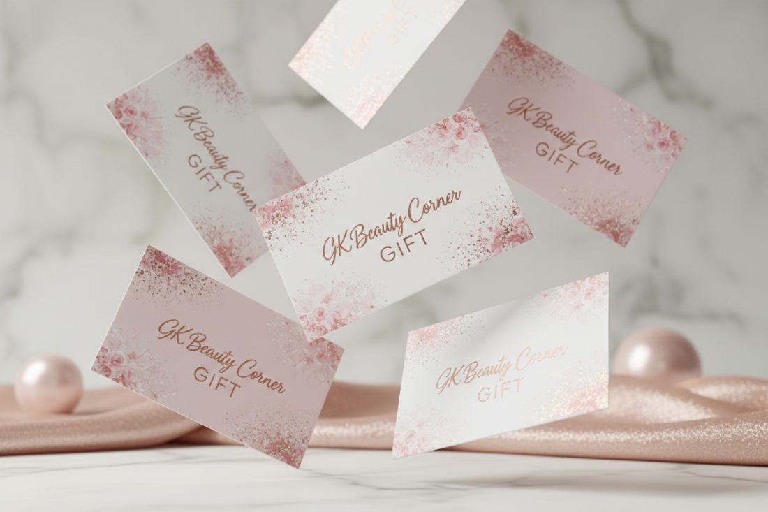 gift cards falling down. written on them - "GK Beauty Corner GIFT